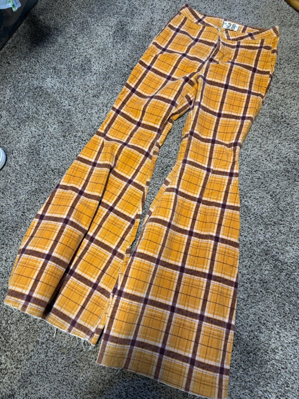Free People Yellow Plaid Flared Pants Size 28